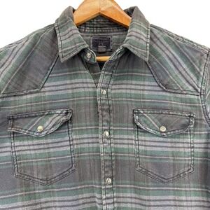 Converse One Star Shirt Mens Large Green Gray Blue Plaid Flannel Western Snap